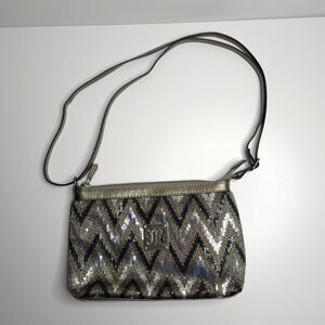 Miss Me Black & Silver Metallic Sequin Crossbody Purse Zig Zag Pattern